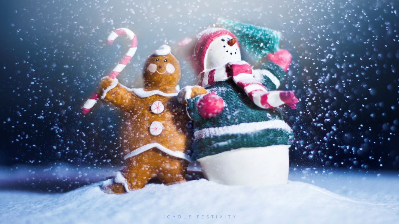 Обои Рождественский день, Снеговик, зима, снег, Рождество в разрешении 1366x768