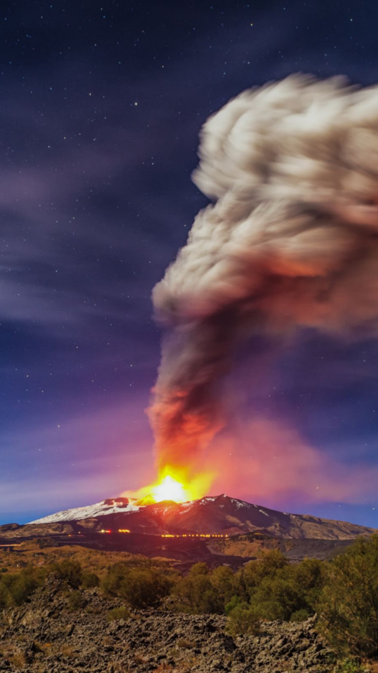 Обои Этна, вулкан, типы вулканических извержений, атмосфера, вулканического рельефа в разрешении 750x1334