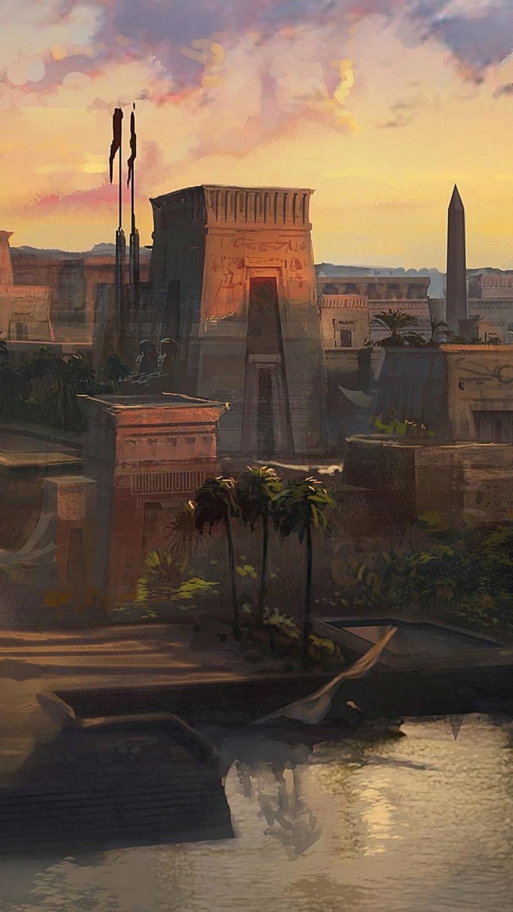 Обои assassins creed origins, ubisoft, городской пейзаж, город, утро в разрешении 720x1280