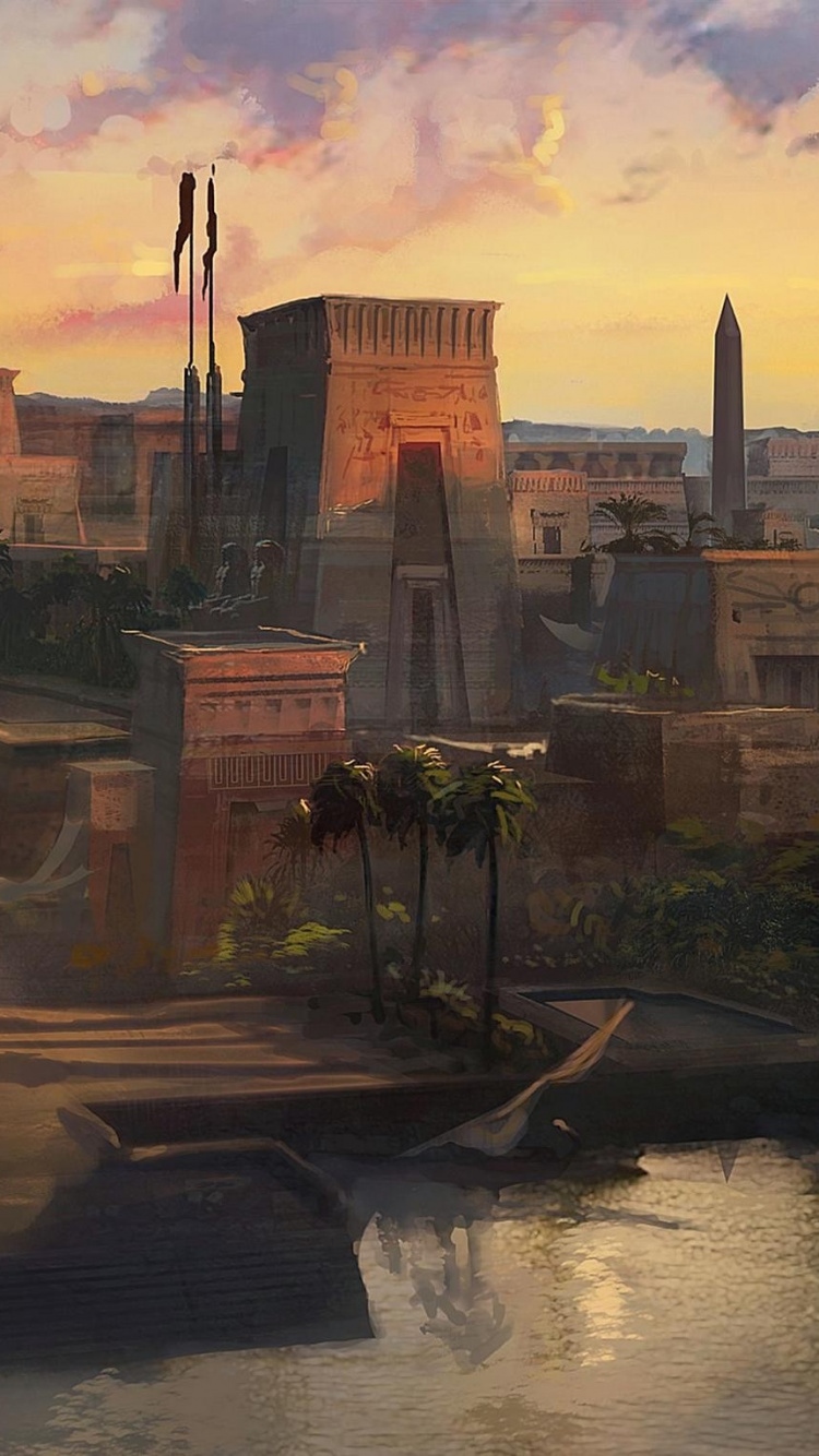 Обои assassins creed origins, ubisoft, городской пейзаж, город, утро в разрешении 750x1334