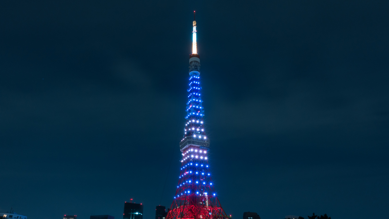 Обои токийская башня, вышка, ориентир, ночь, город в разрешении 1366x768