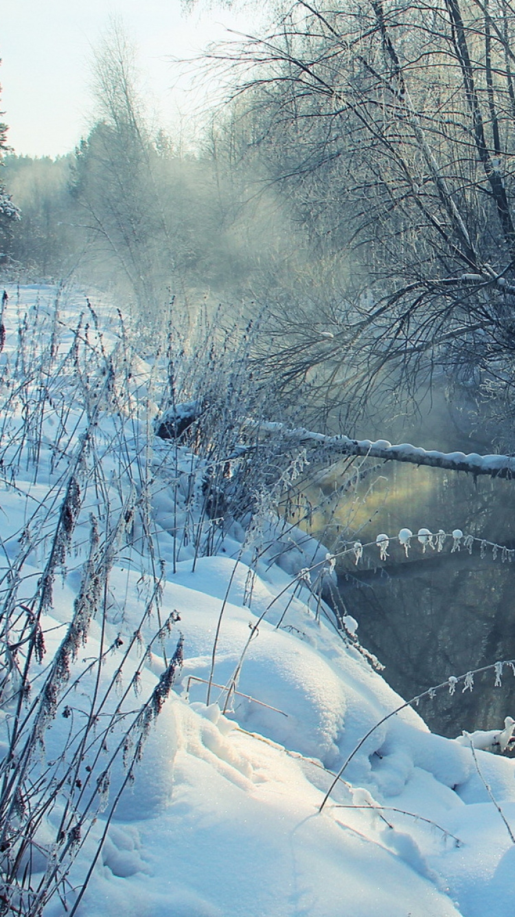 Обои зима, снег, реки, замораживание, вода в разрешении 750x1334