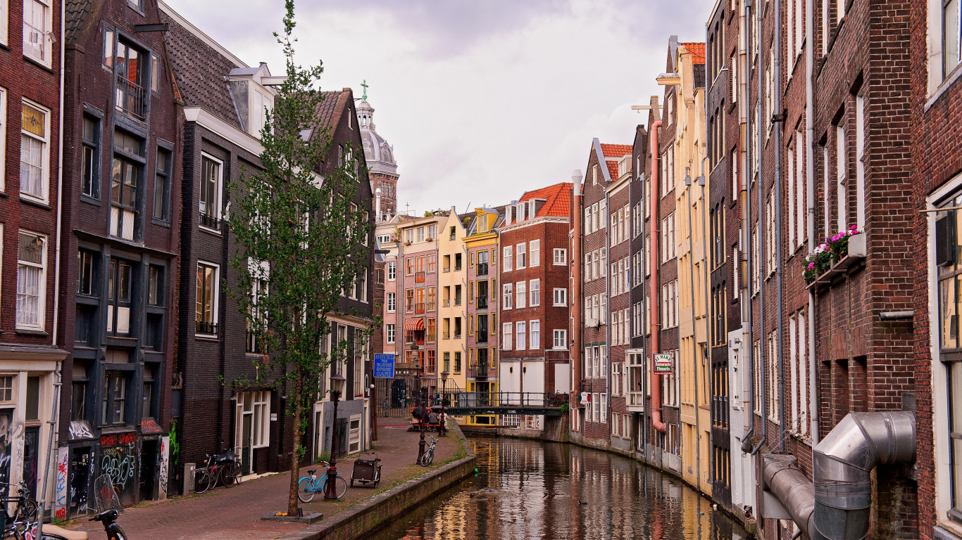 Обои Амстердам Нидерланды, Амстердам, путешествие, водный путь, канал в разрешении 1366x768