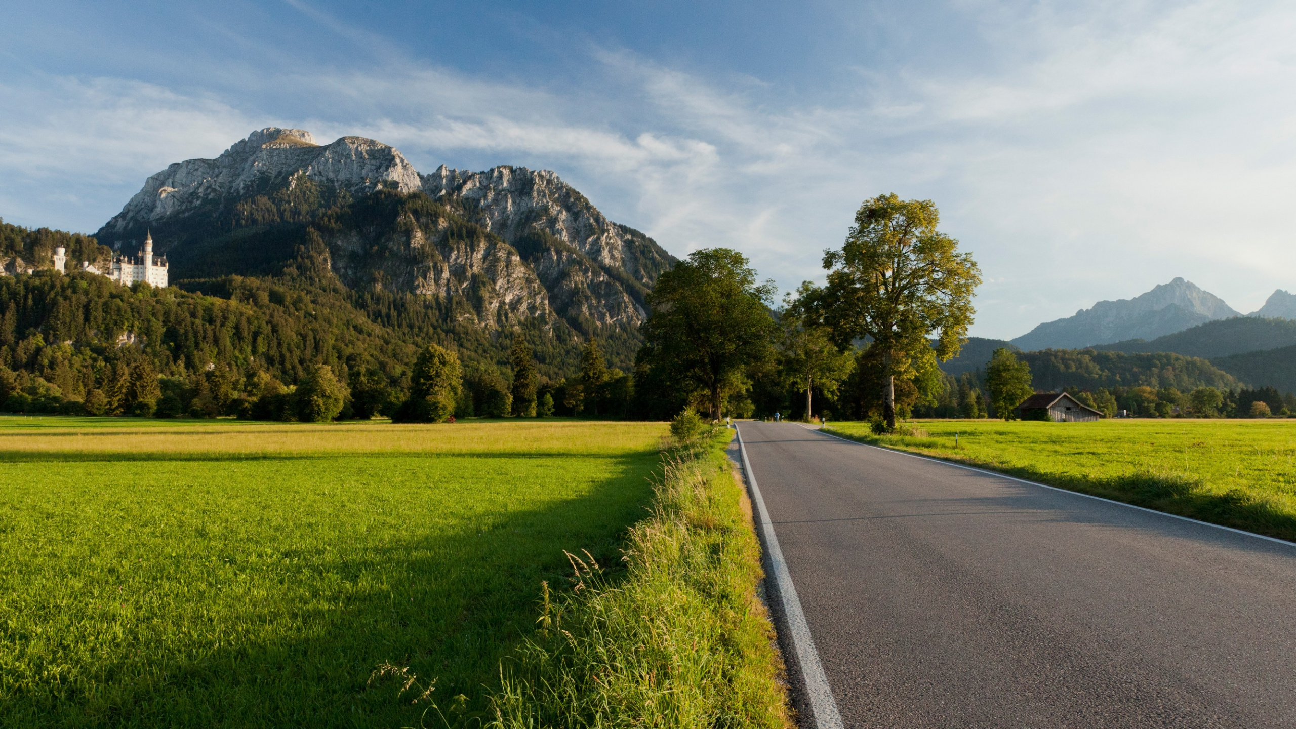 Обои замок Нойшванштайн, замок, природа, горный рельеф, дорога в разрешении 2560x1440