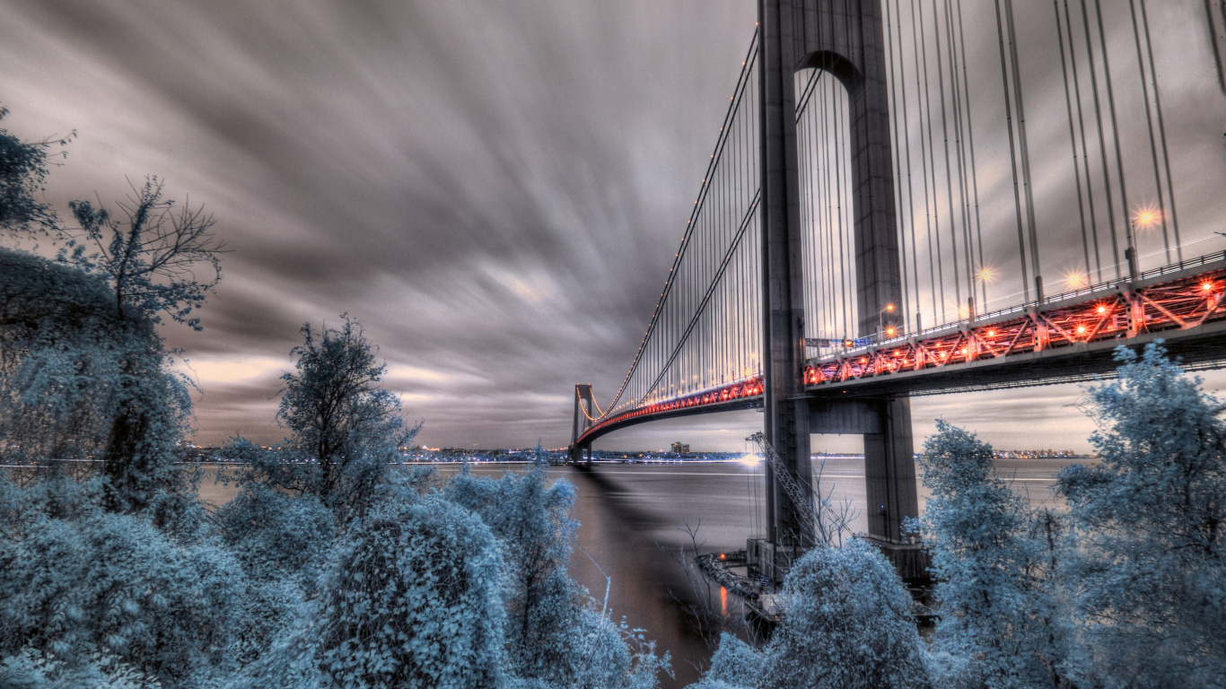 Обои Fort Wadsworth, Веррацано-Нарроус-Бридж, облако, вода, атмосфера в разрешении 1366x768