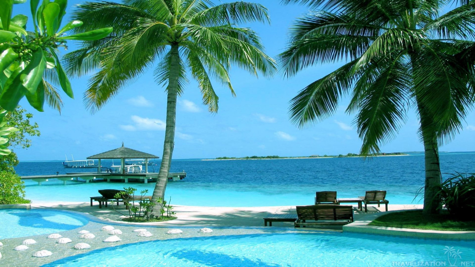 Обои пляж, морской курорт, прибежище, тропическая зона, отпуск в разрешении 1920x1080