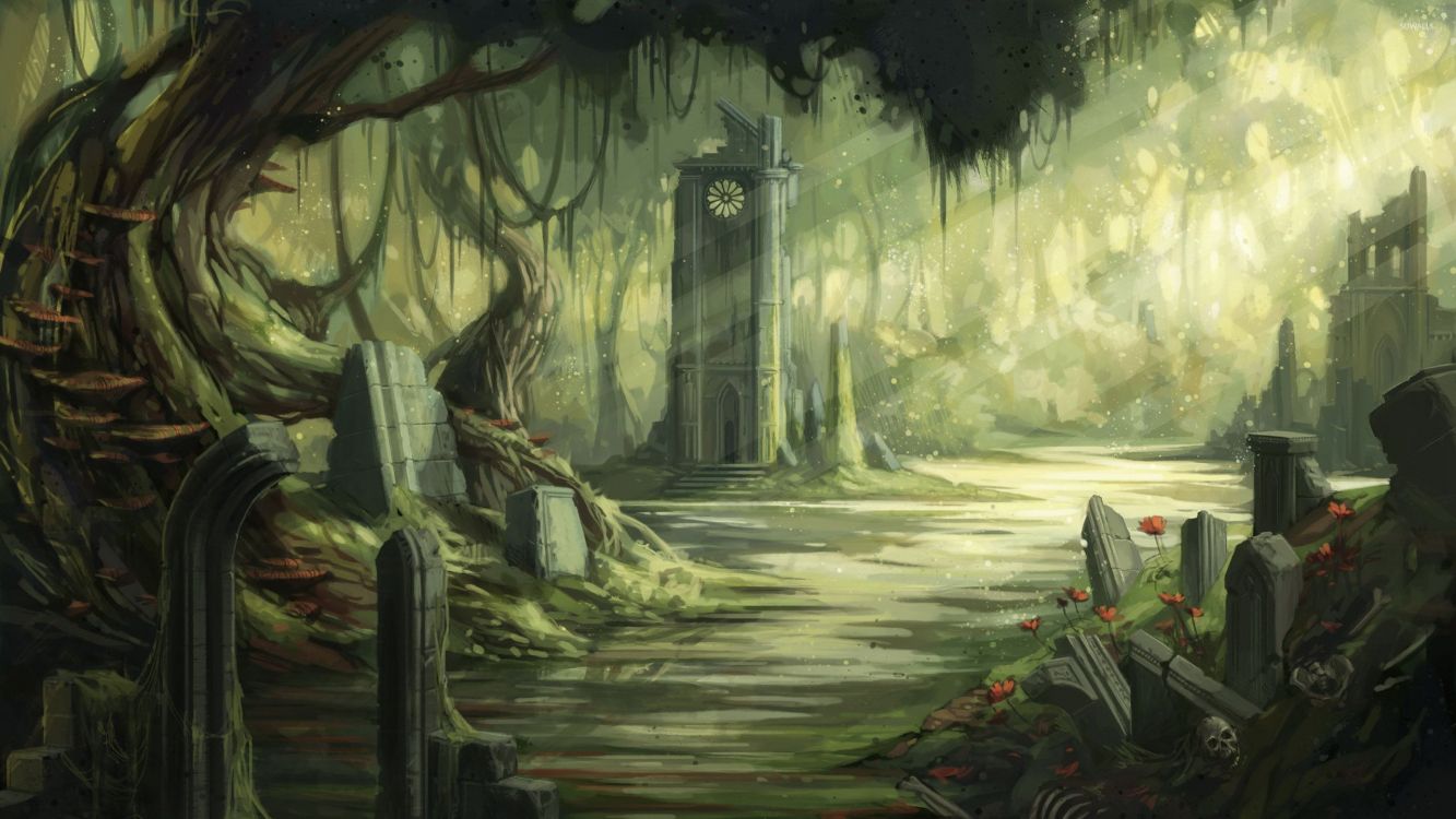 Обои лес, живопись, дерево, лесистая местность, арт в разрешении 2560x1440