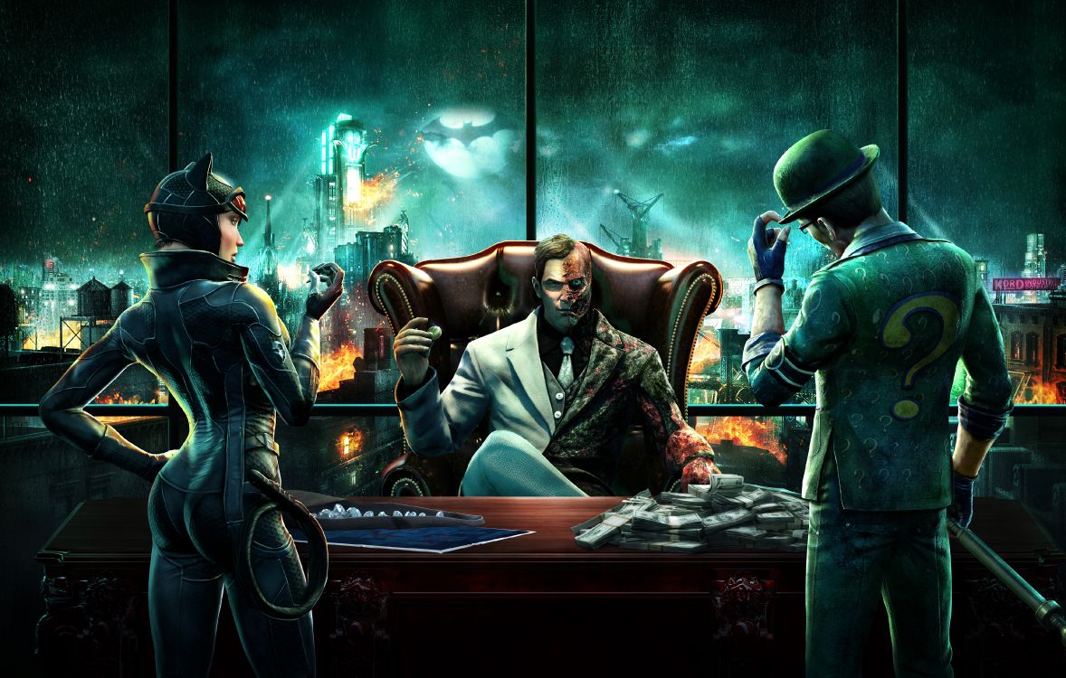 Обои женщина кошка, Бэтмен рыцарь аркхема, риддлер, Бэтмен, компьютерная игра в разрешении 3840x2444