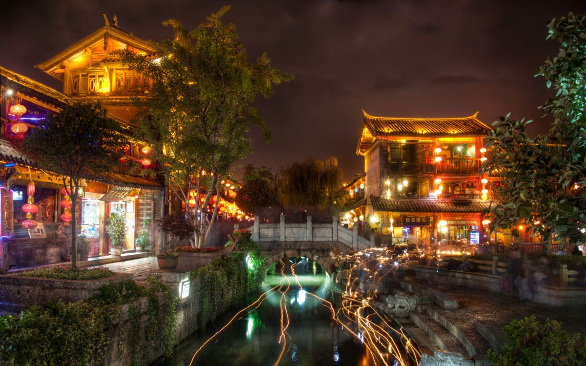 Обои ночь, освещение, городок, отражение, дерево в разрешении 2560x1600