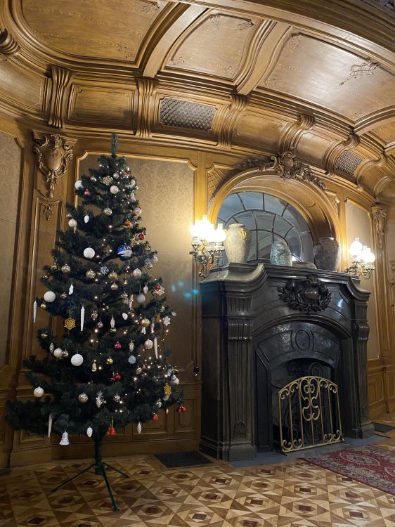 Обои елка, Рождественский день, освещение, этаж, дизайн интерьера в разрешении 1536x2048