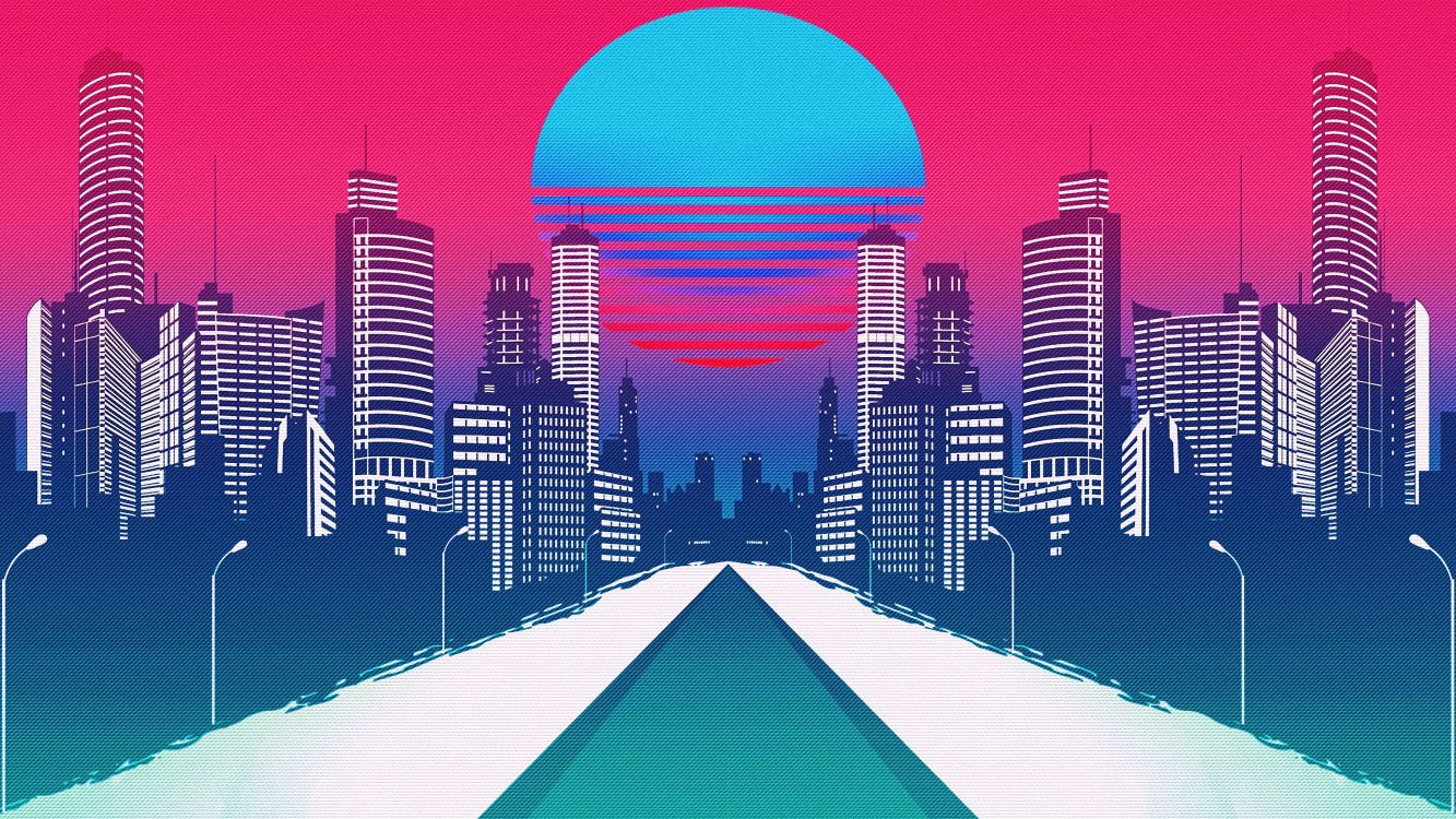 Обои Synthwave, арт, синий, городской пейзаж, линия горизонта в разрешении 3840x2160