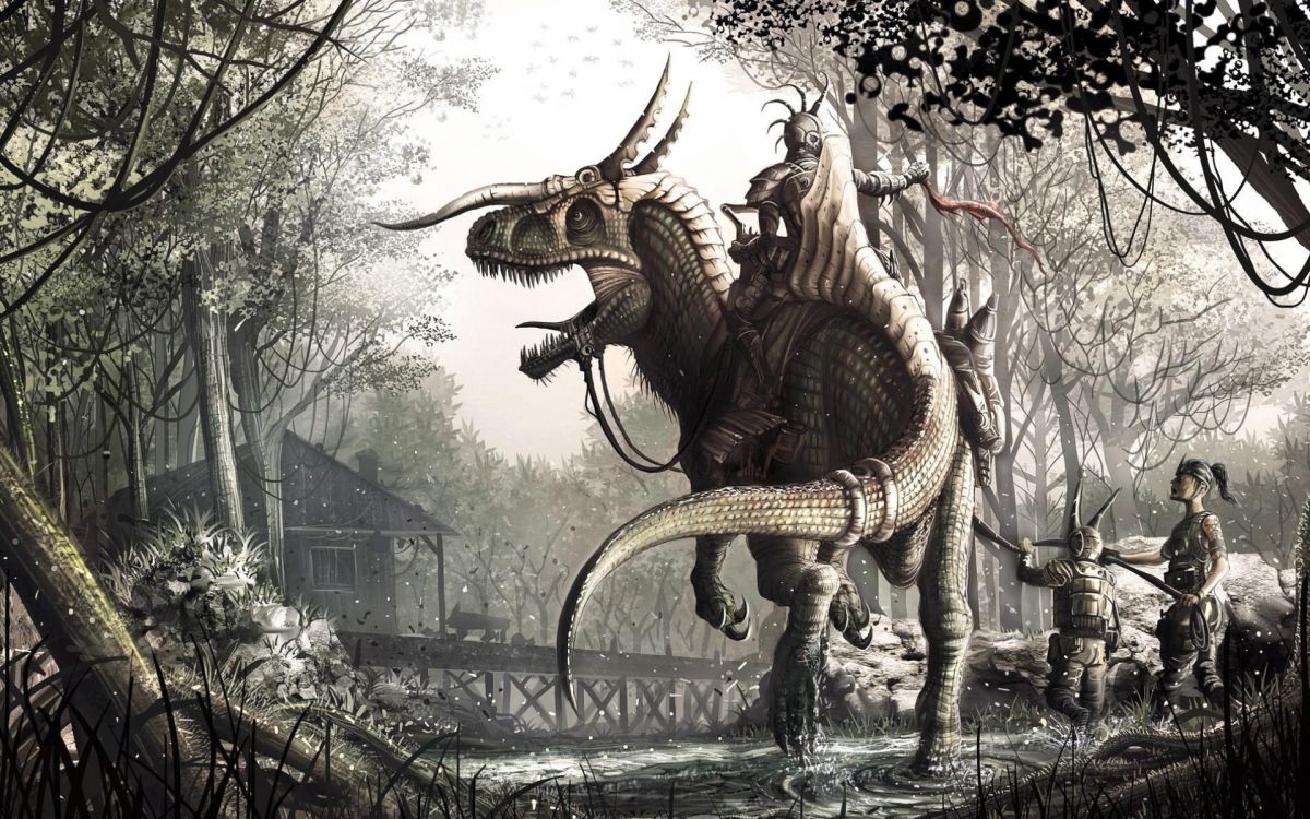 Обои велоцираптор, тираннозавр, динозавр, вымирание, мифология в разрешении 1920x1200
