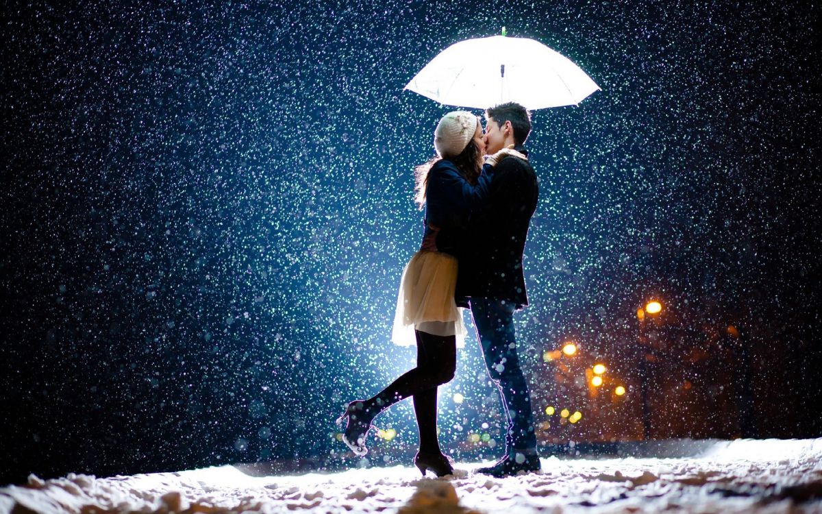 Обои роман, поцелуй, пара, зонтик, снег в разрешении 3840x2400