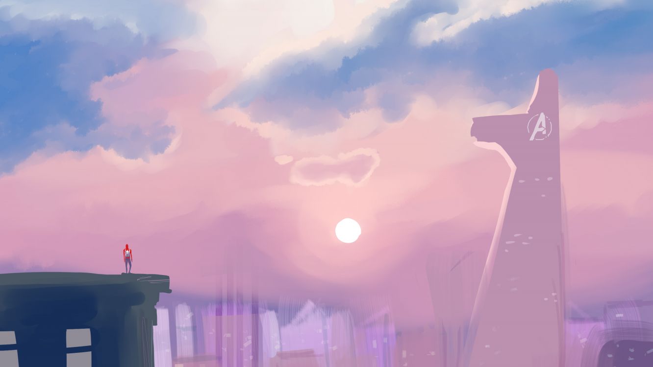 Обои человек-паук, супергерой, розовый, снимок, облако в разрешении 3000x1688