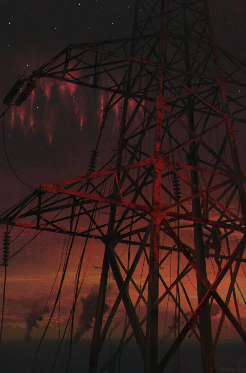 Обои арт, красный цвет, электричество, воздушной линии электропередач, электроснабжение в разрешении 1538x2326