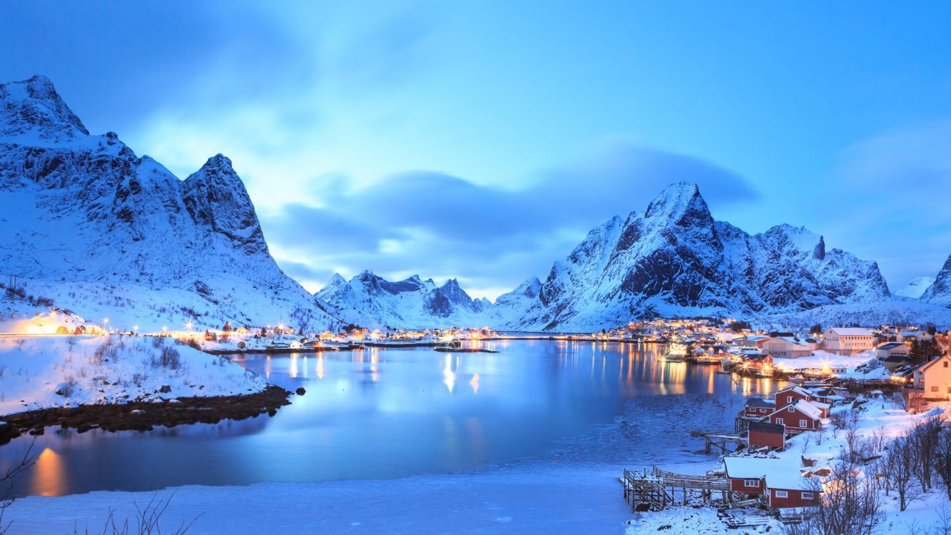 Обои val thoermer lofoten norway, Лофотен, Henningsvr, зима, горный рельеф в разрешении 1920x1080