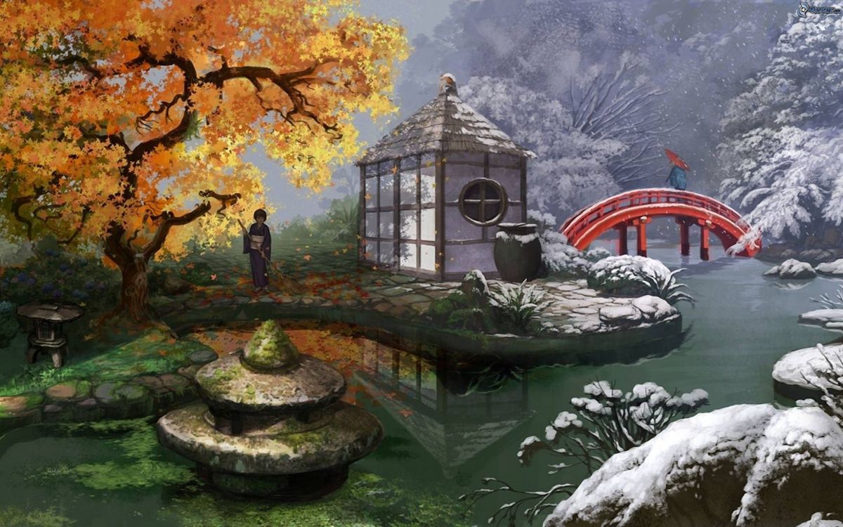 Обои природа, дерево, живопись, водоток, пейзаж в разрешении 2880x1800