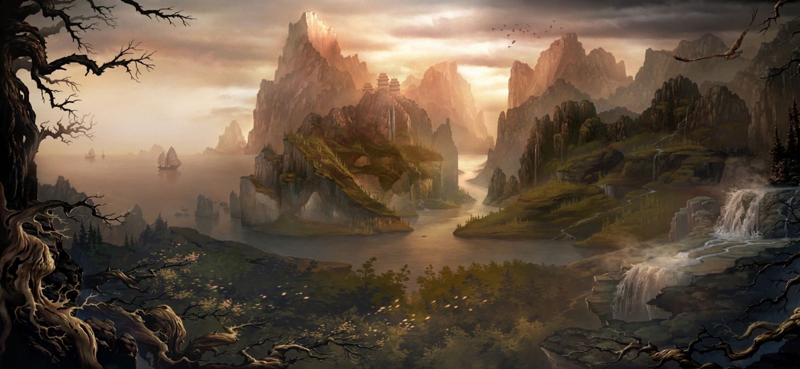 Обои арт, фантастическое искусство, пейзаж, местность, фэнтези в разрешении 2341x1080