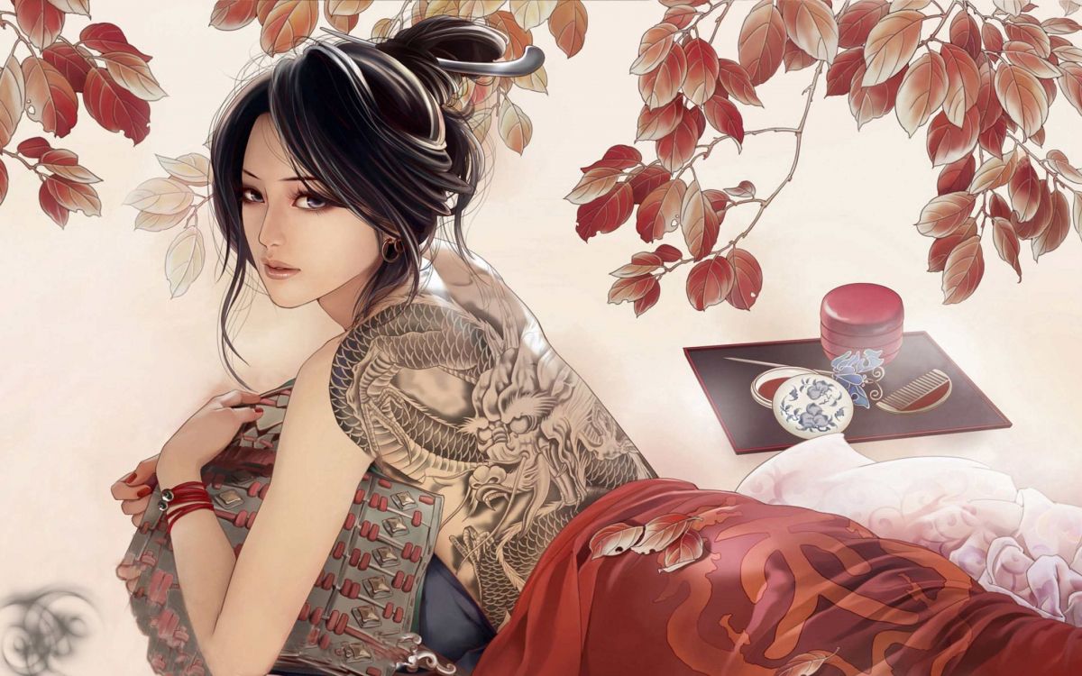 Обои гейша, арт, живопись, японское искусство, волосы в разрешении 2880x1800