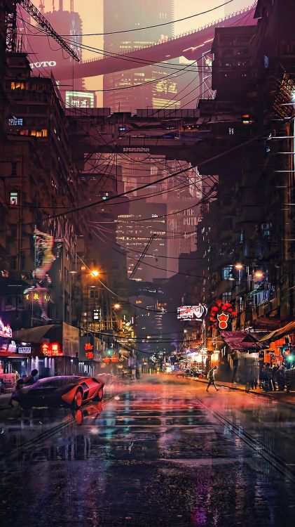 Обои Киберпанк 2077, Киберпанк, Научная фантастика, здание, автомобильное освещение в разрешении 1215x2160