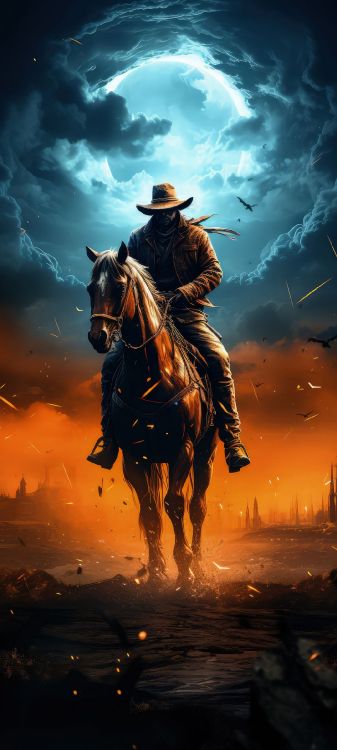 Обои ковбой, живопись, Мустанг, иллюстрация, арт в разрешении 1080x2400