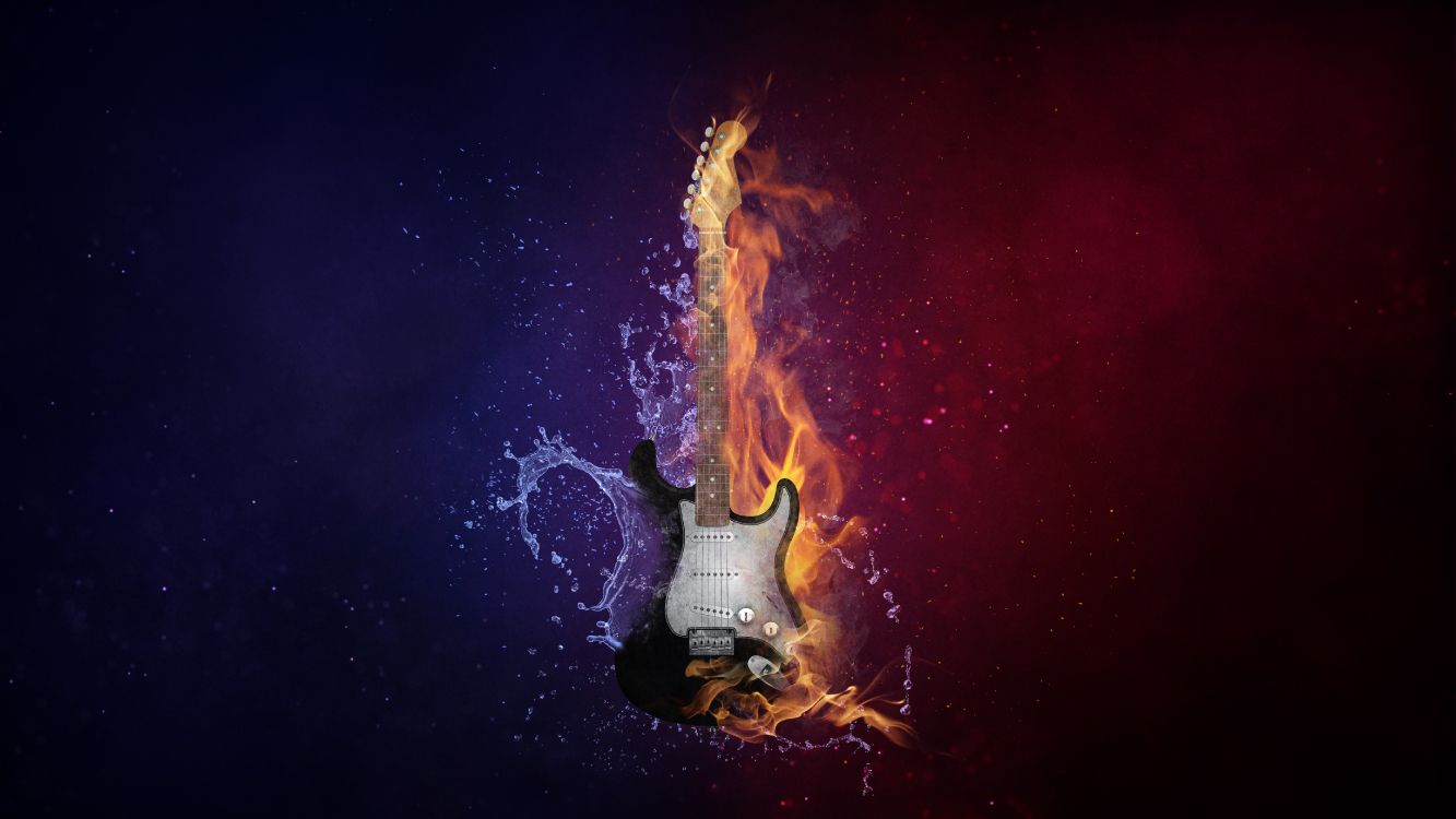 Обои гитара, тепло, пламя, темнота, огонь в разрешении 5120x2880