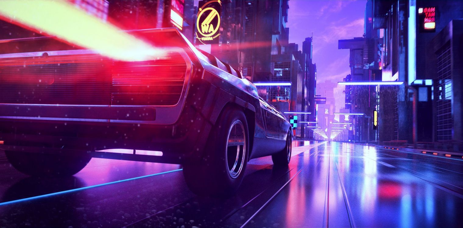 Обои авто, Synthwave, спорткар, свет, автомобильное освещение в разрешении 2190x1080