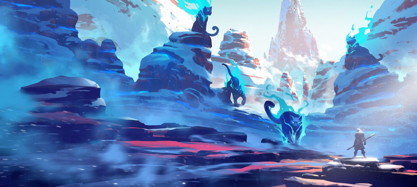 Обои Duelyst, концепт арт, иллюстрация, акварельные краски, арт в разрешении 3556x1600