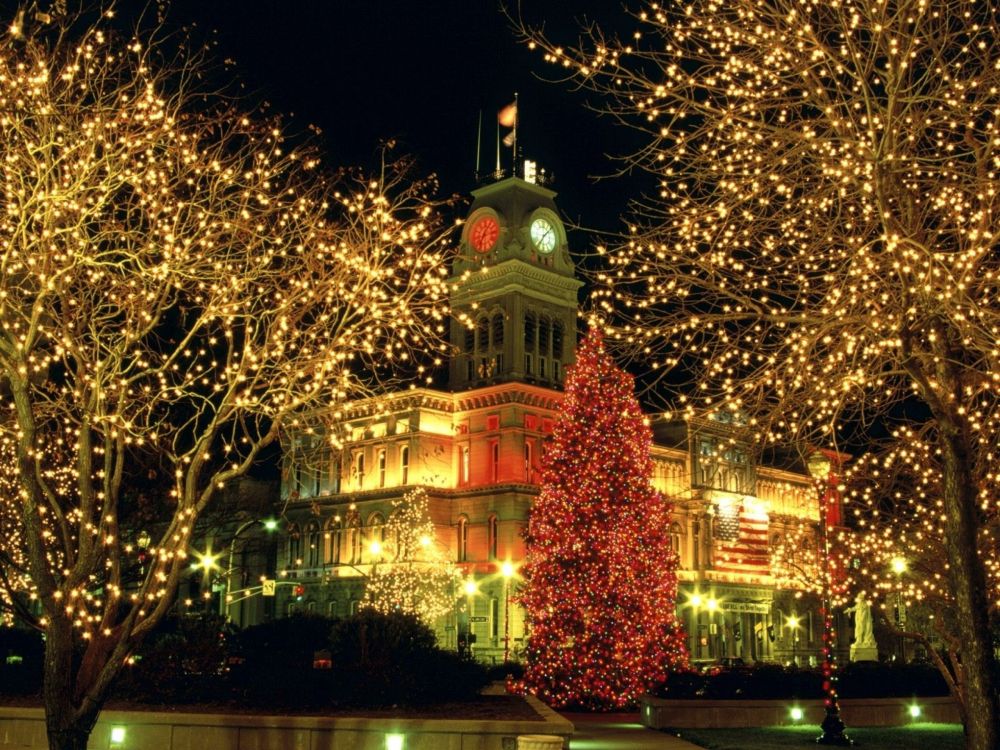 Обои Рождественский день, Рождественские огни, елка, ориентир, дерево в разрешении 2560x1920