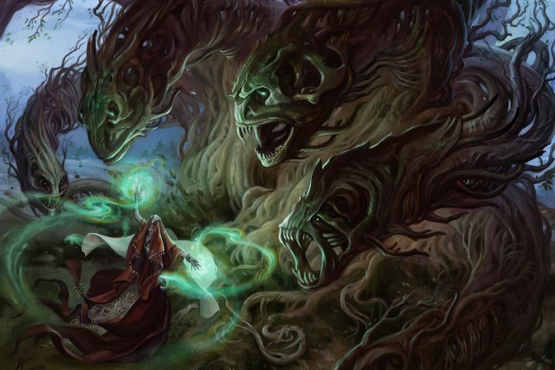 Обои маг, монстр, фэнтези, демон, иллюстрация в разрешении 1920x1280