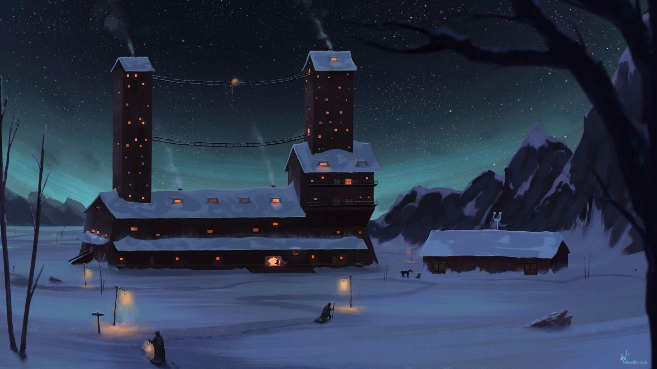 Обои снег, арт, рисование, атмосфера, дерево в разрешении 3840x2160