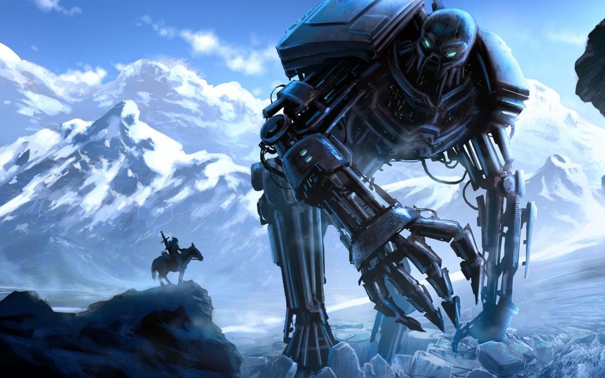 Обои робот, киборг, меха, небо, лед в разрешении 2560x1600