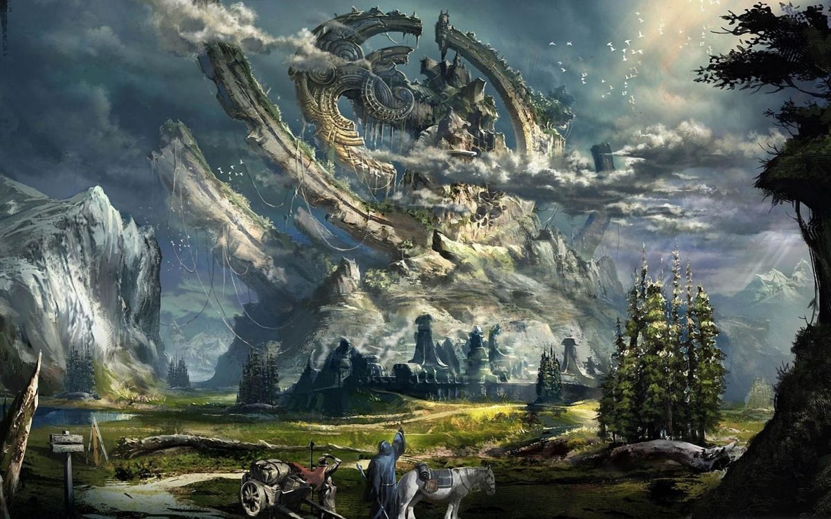 Обои пейзаж, живопись, дракон, дерево, лес в разрешении 2560x1600