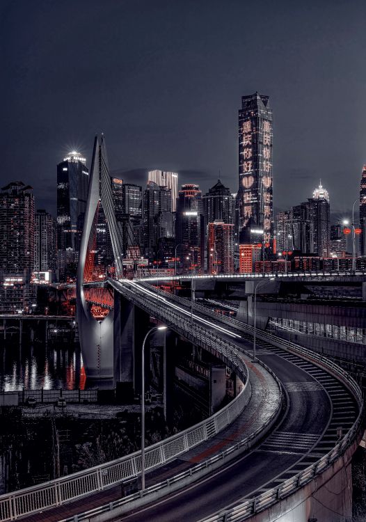 Обои город, иероглиф, мост, небоскреб, здание в разрешении 6336x9021