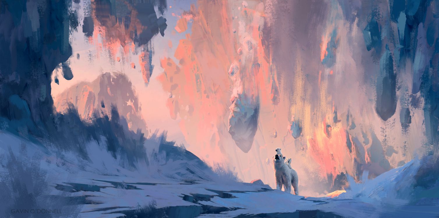 Обои белый медведь, арт, артист, акварельные краски, живопись в разрешении 4000x1990