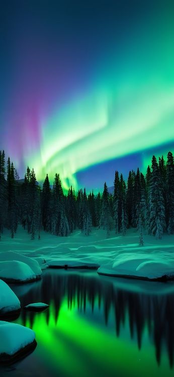 Обои лиственница, гора, вода, атмосфера, растение в разрешении 1290x2796