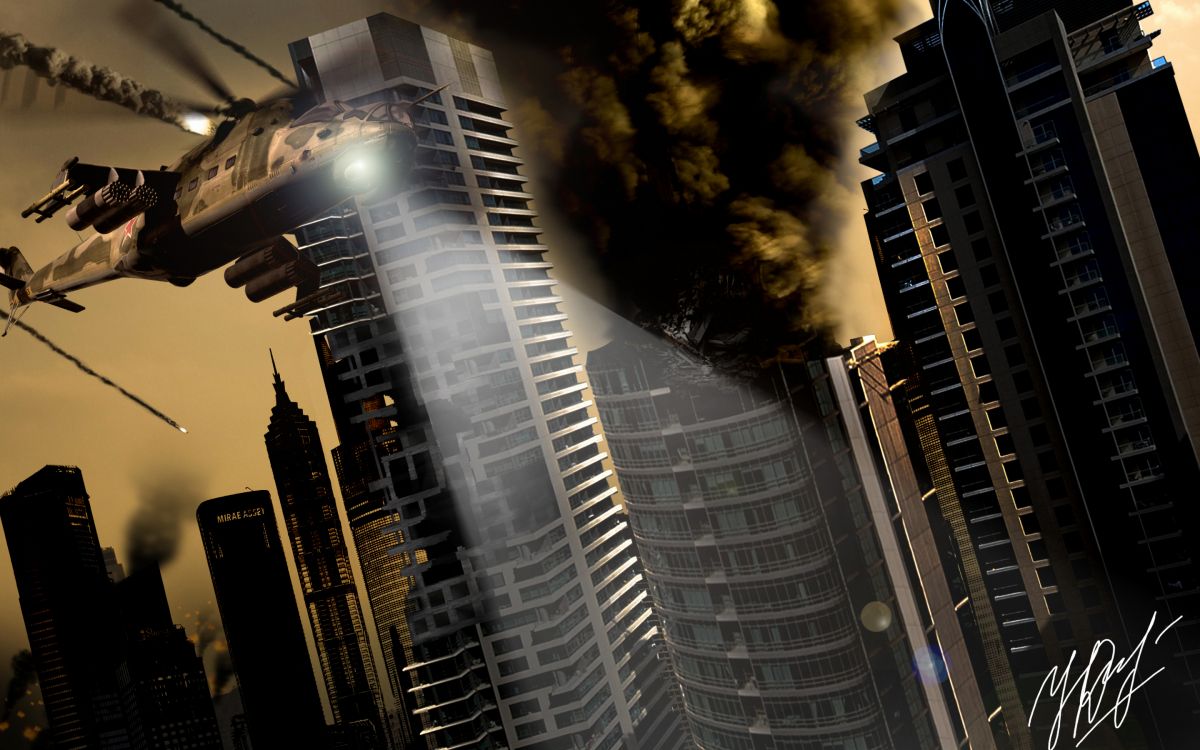 Обои военный вертолет, небоскреб, архитектура, городской район, город в разрешении 2880x1800