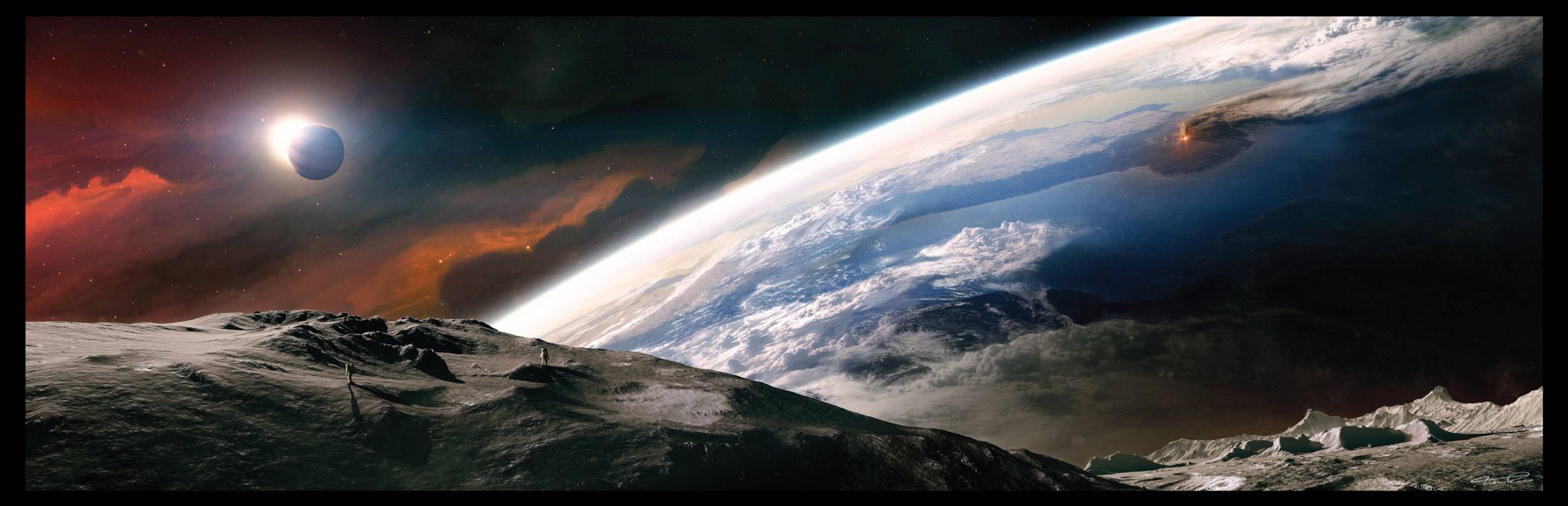 Обои атмосфера, космическое пространство, земля, горный хребет, планета в разрешении 3968x1280