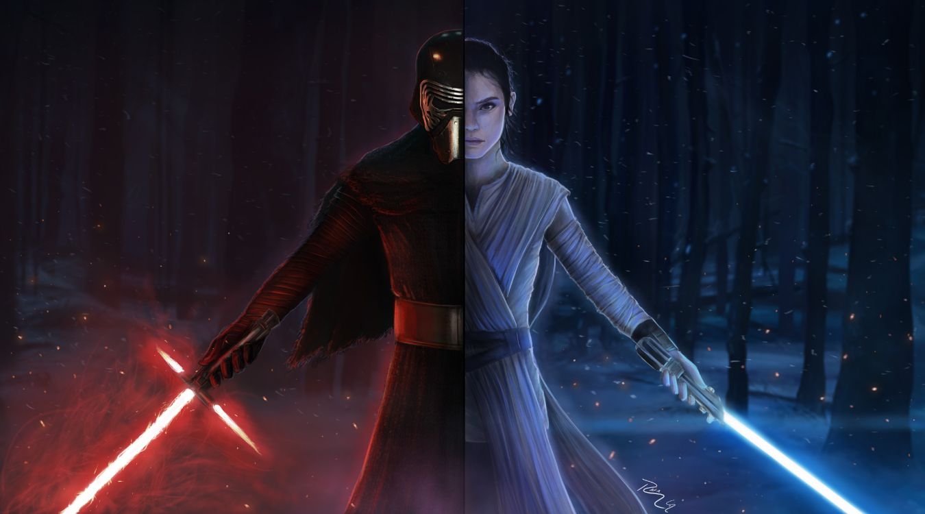 Обои Рей, Верховный Лидер Сноуком, Люк Скайуокер, звездные войны, темнота в разрешении 5000x2777