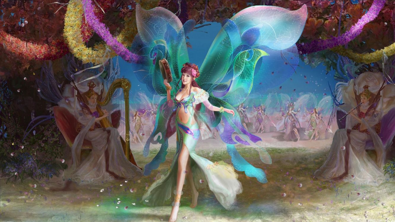 Обои фея, Танцующие Феи, мифическое существо, арт, живопись в разрешении 2560x1440