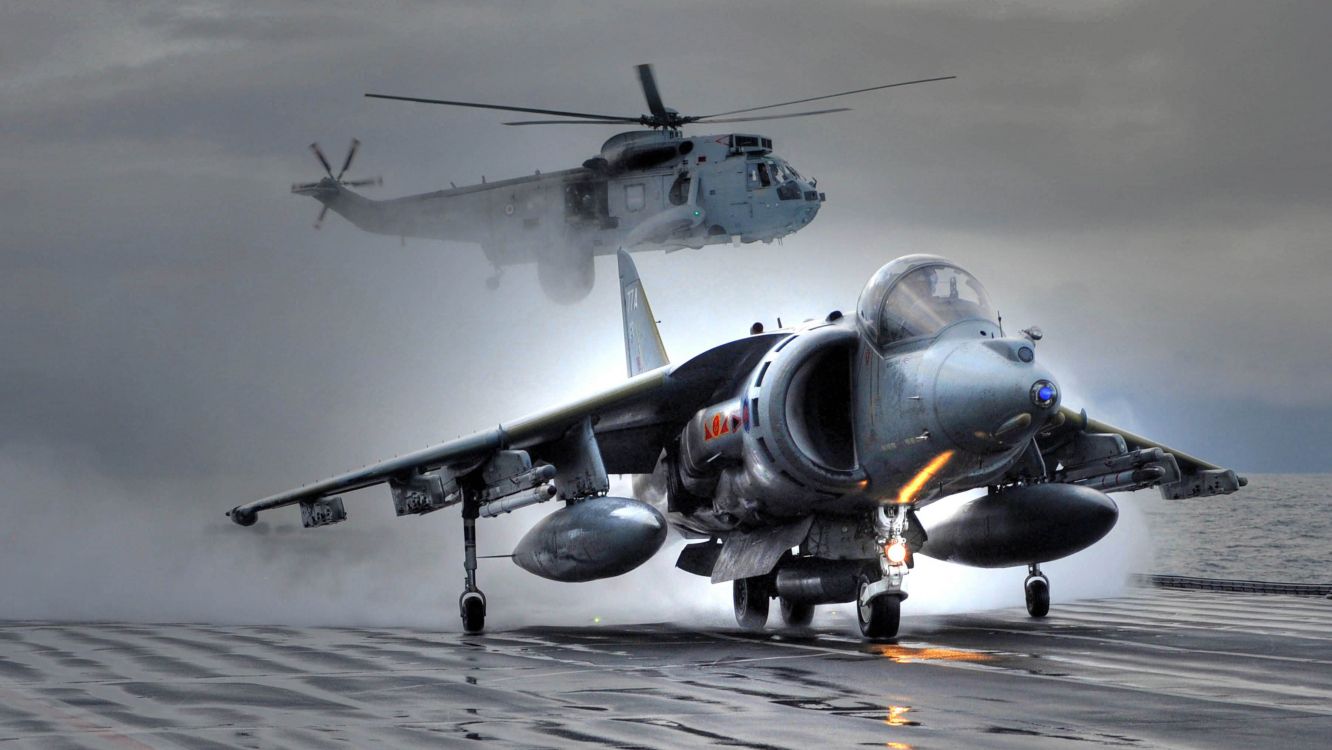 Обои ГМС Арк Ройял, McDonnell Douglas AV-8B Harrier II, Бритиш Аэроспейс Харриер II, Хоукер Сиддли Харриер, Бритиш аэроспейс Си харриер в разрешении 3600x2026