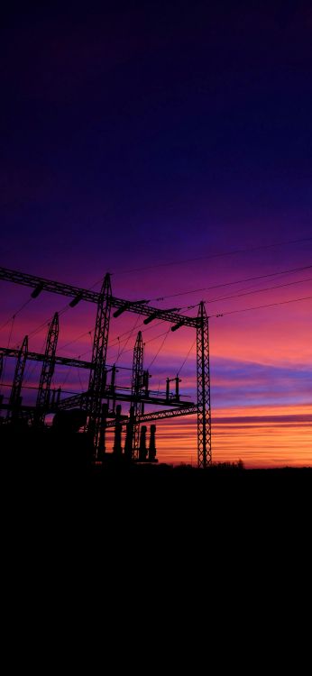 Обои электричество, башня передачи, воздушной линии электропередач, энергия, сумрак в разрешении 1080x2340