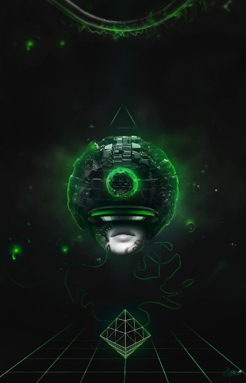 Обои фрактальное искусство, темнота, технологии, зеленый, Визуальный эффект освещения в разрешении 1610x2502