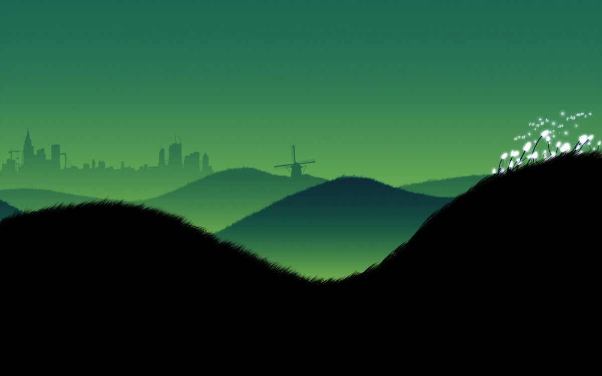 Обои минимализм, зеленый, холм, дерево, горы в разрешении 2560x1600