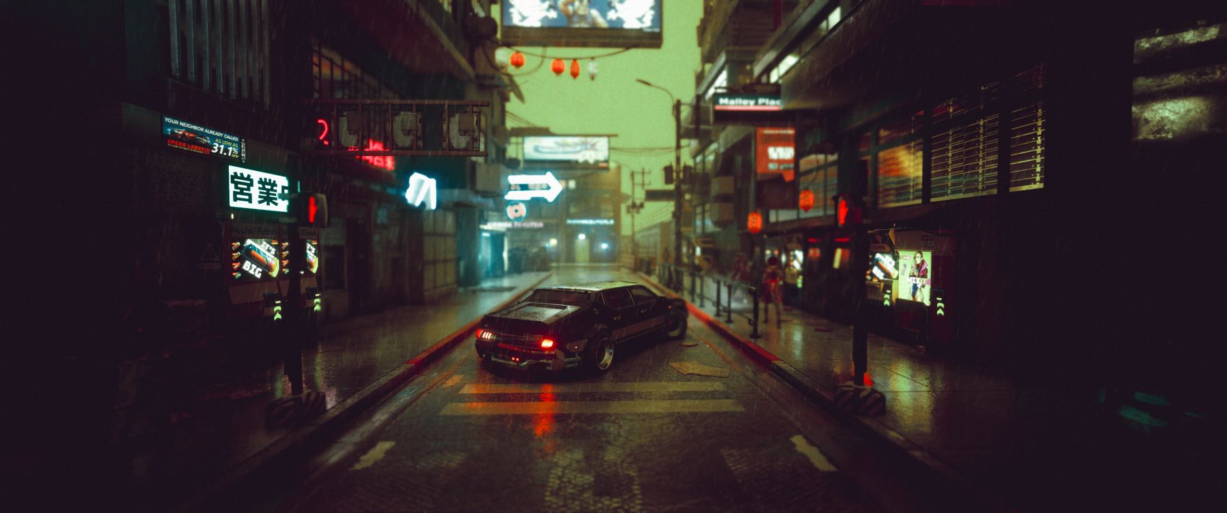 Обои Киберпанк, Киберпанк 2077, Киберпанк 2020, ночь, автомобильное освещение в разрешении 3440x1440