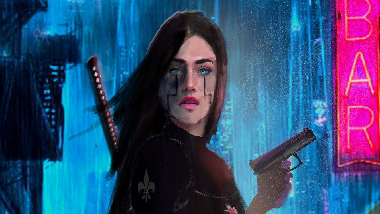 Обои футуристический девушка, арт, произведение искусства, лицо, синий в разрешении 2560x1440