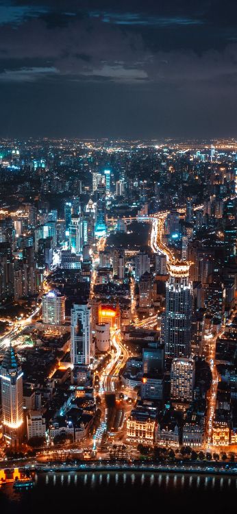 Обои ночной город с высоты птичьего полета, ночь, архитектура, городской пейзаж, постер в разрешении 1080x2340