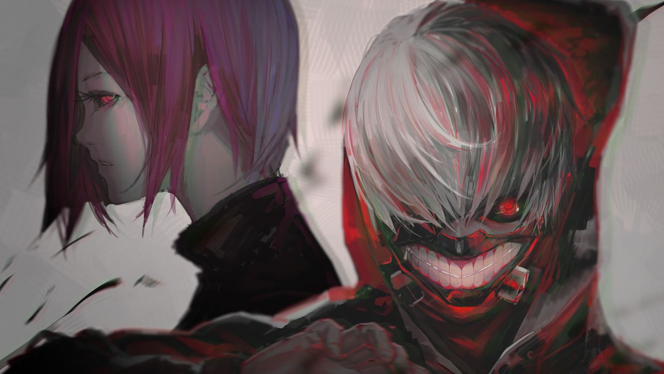 Обои Токио вурдалак, Кен kaneki, одной Кирисима, аниме, красный цвет в разрешении 2560x1440