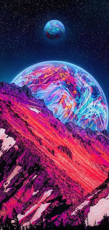 Обои неоновая галактика луна, мир, пурпур, природа, арт в разрешении 1421x3000