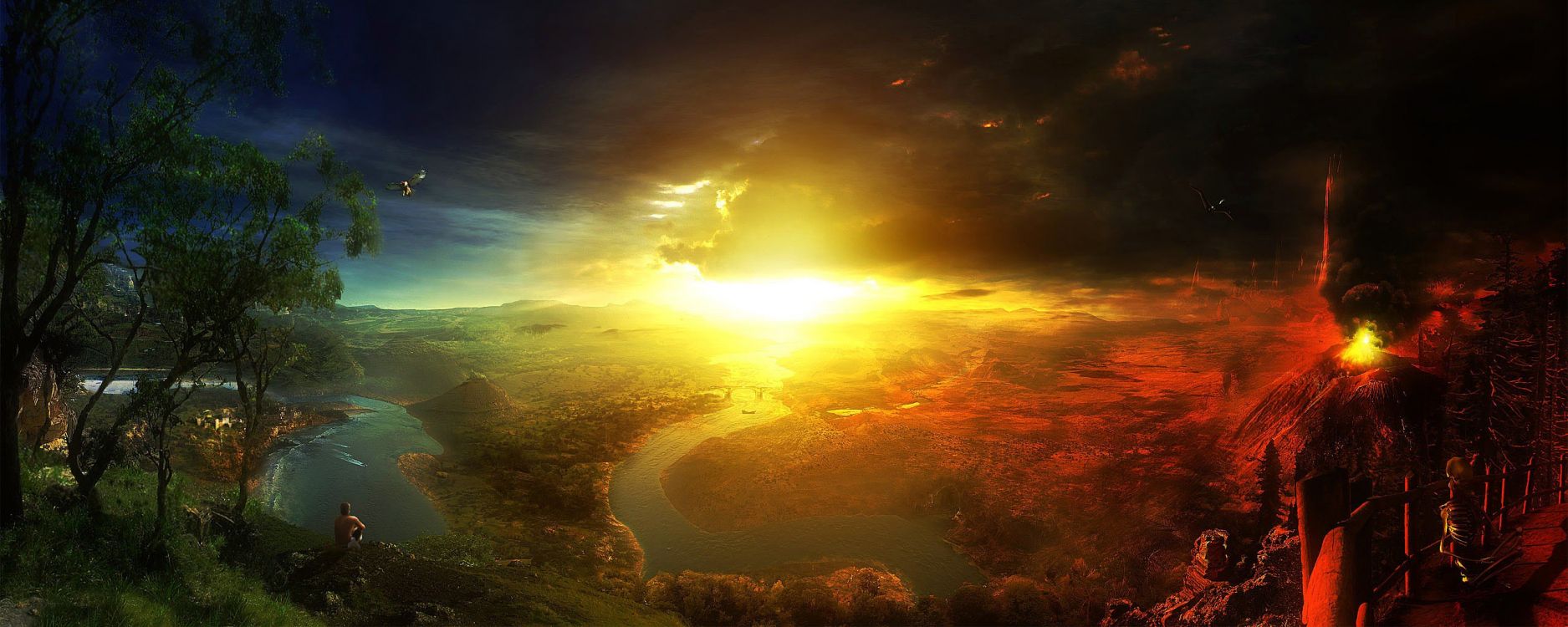 Обои природа, атмосфера, солнечный свет, земля, пейзаж в разрешении 2560x1024